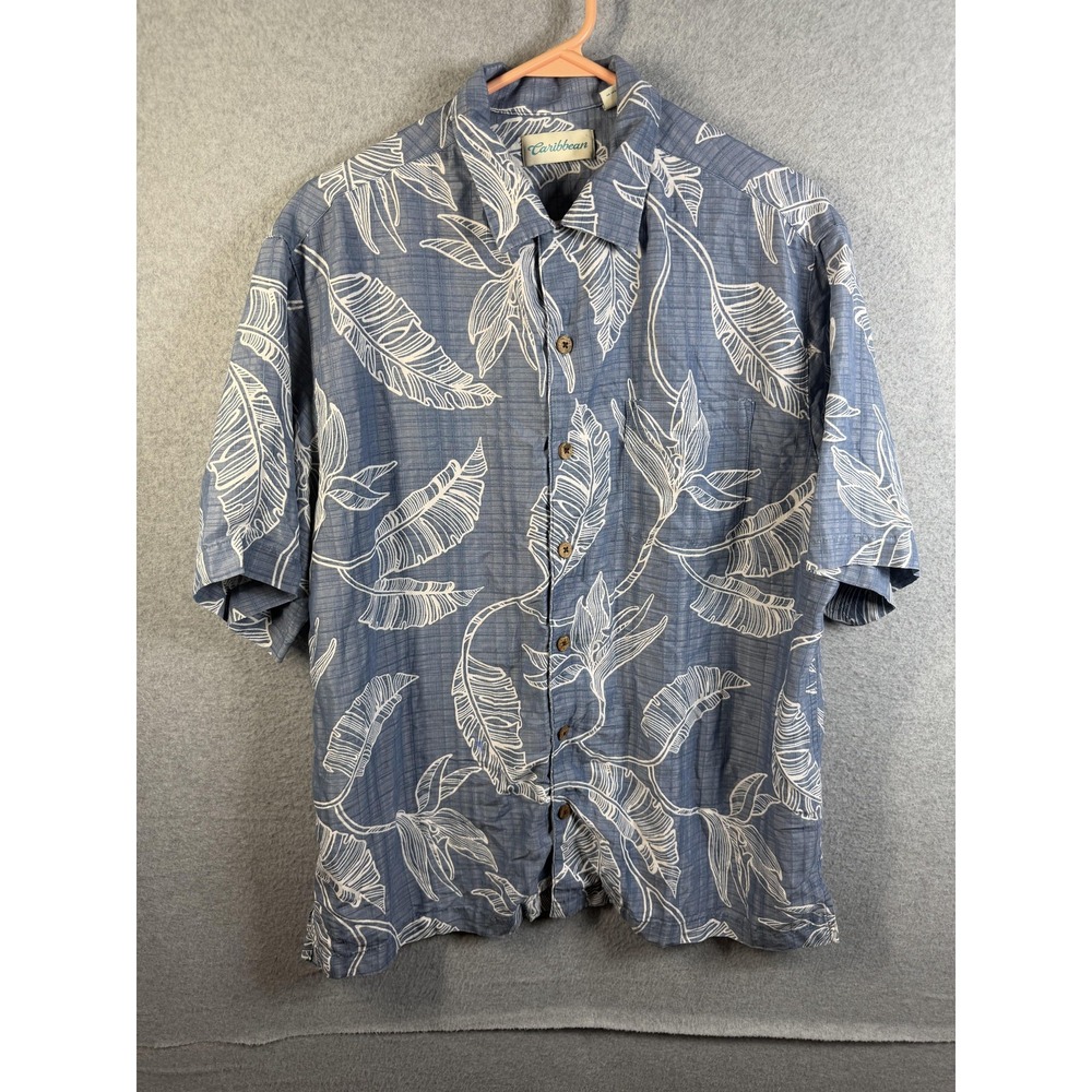 Caribbean Shirt Mens Large Blue Leaf Hawaiian Button Up Short Sleeve Tropical